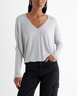 Relaxed V-Neck Long Sleeve London Tee Gray Women's L