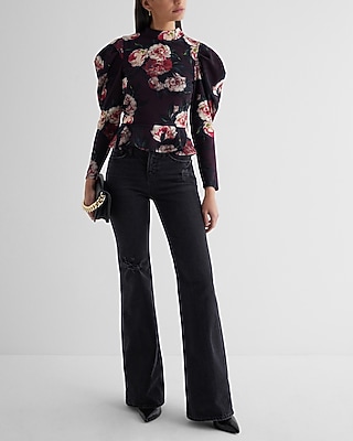 Floral Mock Neck Puff Sleeve Peplum Top