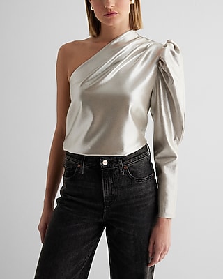 Skimming Metallic One Shoulder Puff Sleeve Top