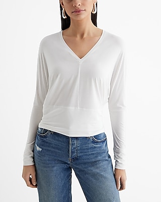 V-Neck Long Sleeve Banded Bottom Soho Tee White Women's