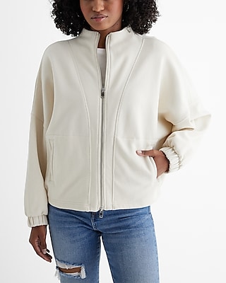 Mock Neck Zip Up Fleece Sweatshirt White Women's XL