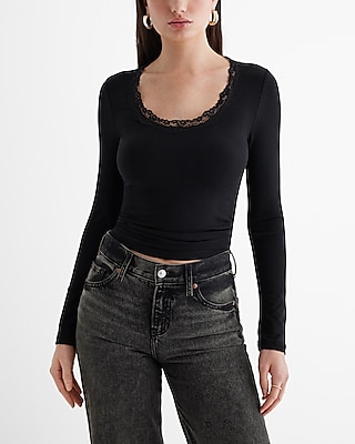 Fitted Scoop Neck Lace Trim Long Sleeve Tee Black Women's M