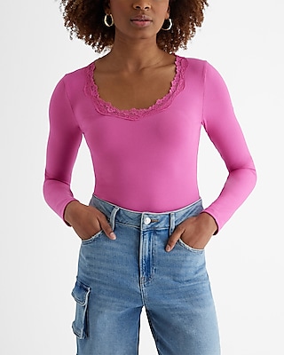Fitted Scoop Neck Lace Trim Long Sleeve Tee Pink Women's