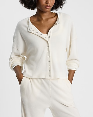 Waffle Long Sleeve Button Front Top