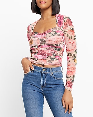 Bodycon Floral Mesh Crop Top With Removable Cups