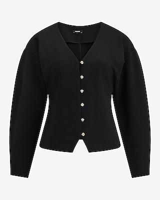 V-Neck Barrel Sleeve Novelty Button Front Top in Signature Ponte