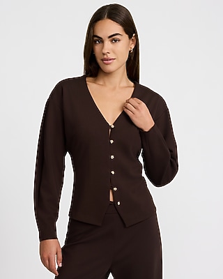 V-Neck Barrel Sleeve Novelty Button Front Top in Signature Ponte