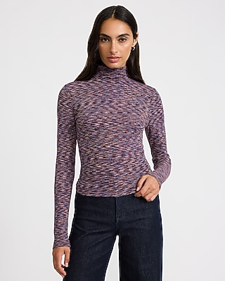 Fitted Ribbed Marbled Mock Neck Long Sleeve Tee