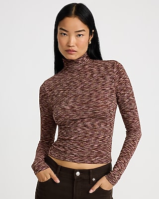 Fitted Ribbed Marbled Mock Neck Long Sleeve Tee