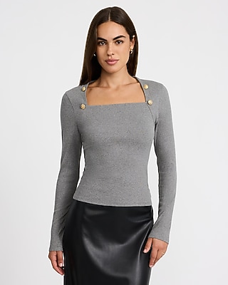 Ribbed Square Neck Novelty Button Long Sleeve Top