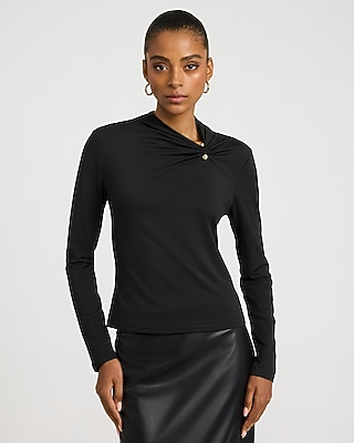 Mock Neck Novelty Hardware Ruched Long Sleeve Top