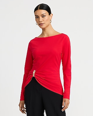 Boat Neck Long Sleeve Hardware Cinched Tee