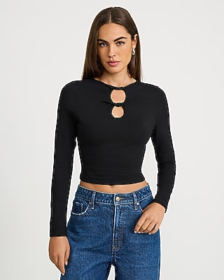 Keyhole Twist Front Long Sleeve Tee in Stretch Cotton