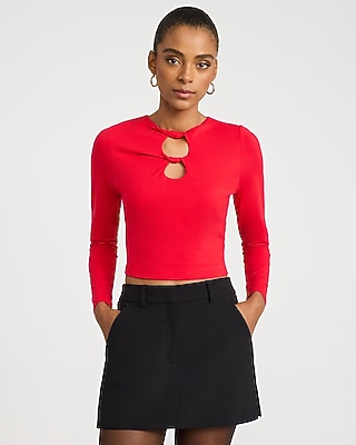 Keyhole Twist Front Long Sleeve Tee in Stretch Cotton