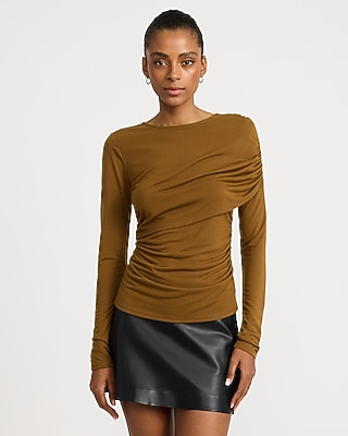 Crew Neck Draped Long Sleeve Top