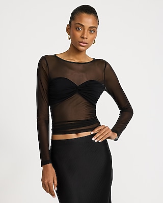 Mesh Crew Neck Layered Bandeau Long Sleeve Top