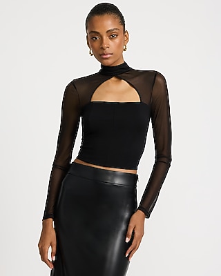 Mesh Mock Neck Keyhole Long Sleeve Top