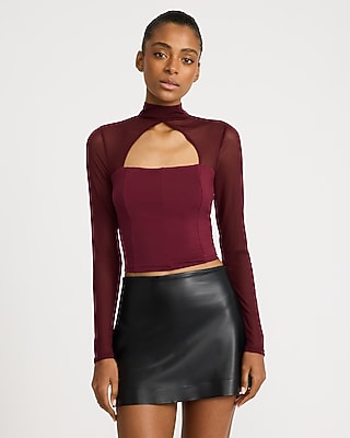 Mesh Mock Neck Keyhole Long Sleeve Top