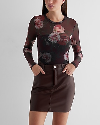 Fitted Mesh Floral Crew Neck Long Sleeve Bodysuit