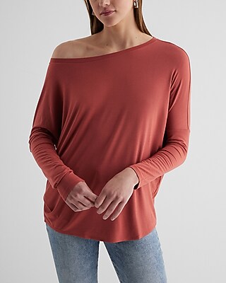 Casual Relaxed Off The Shoulder Long Sleeve London Tee Pink Women's XS