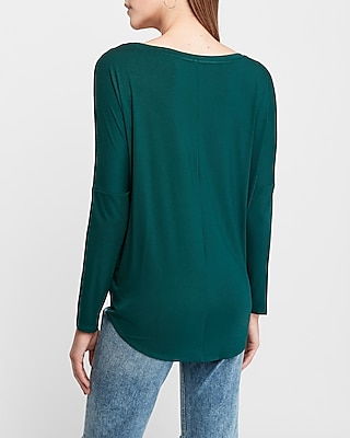 Casual Relaxed Off The Shoulder Long Sleeve London Tee Green Women's M