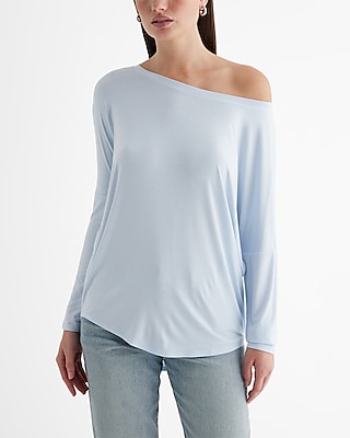 Casual Relaxed Off The Shoulder Long Sleeve London Tee Blue Women's S