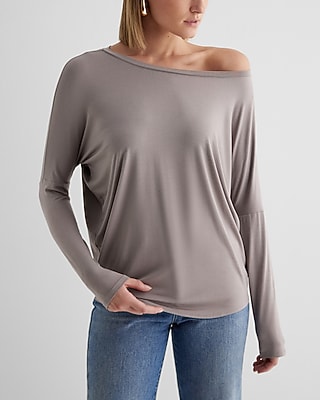 Casual Relaxed Off The Shoulder Long Sleeve London Tee Gray Women's XS