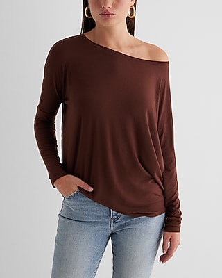 Casual Relaxed Off The Shoulder Long Sleeve London Tee Brown Women's M