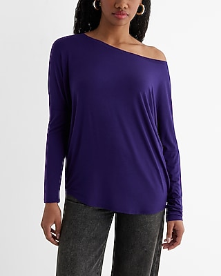Casual Relaxed Off The Shoulder Long Sleeve London Tee Purple Women's XS
