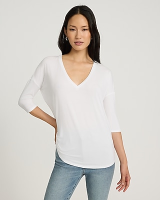 Relaxed V-Neck Three Quarter Sleeve London Tee White Women's L
