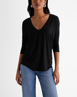 Relaxed V-Neck Three Quarter Sleeve London Tee Black Women's S