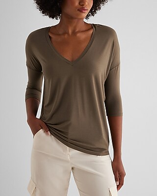 Relaxed V-Neck Three Quarter Sleeve London Tee Green Women's XS