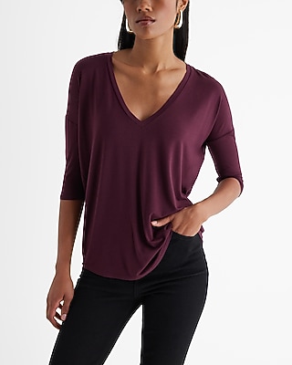 Relaxed V-Neck Three Quarter Sleeve London Tee Red Women's M