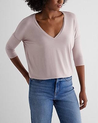 Relaxed V-Neck Three Quarter Sleeve London Tee Red Women's XL