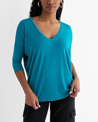 Relaxed V-Neck Three Quarter Sleeve London Tee Blue Women's XL