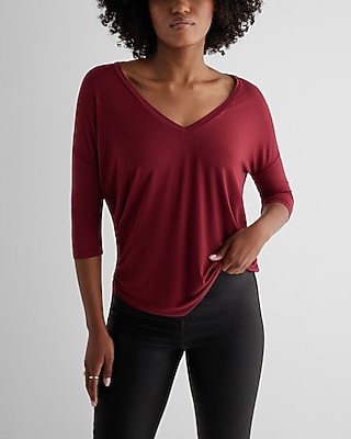 Relaxed V-Neck Three Quarter Sleeve London Tee Brown Women's S