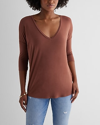 Relaxed V-Neck Three Quarter Sleeve London Tee Brown Women's XS