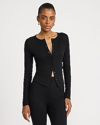 Ribbed Crew Neck Long Sleeve Cardigan