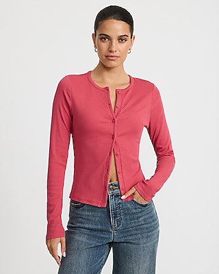 Ribbed Crew Neck Long Sleeve Cardigan
