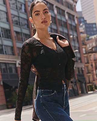 Sheer Floral Lace V-Neck Button Front Top