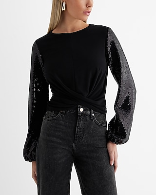 Metallic Dot Sequin Long Sleeve Twist Front Top