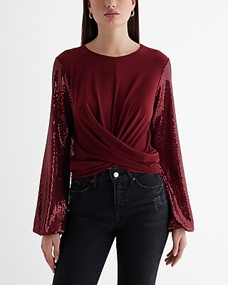 Metallic Dot Sequin Long Sleeve Twist Front Top Purple Women's M
