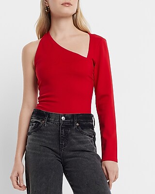 Fitted Ponte One Shoulder Long Sleeve Bodysuit Red Women's XS