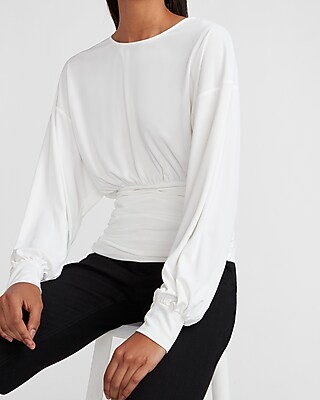Image of Banded Bottom Crew Neck Top White Women's XXS