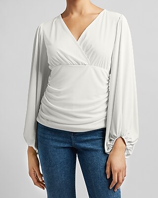 Image of Balloon Sleeve Wrap Front Top White Women's XXS