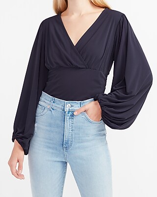 Image of Balloon Sleeve Wrap Front Top Blue Women's XXS
