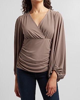 Image of Balloon Sleeve Wrap Front Top Brown Women's XXS