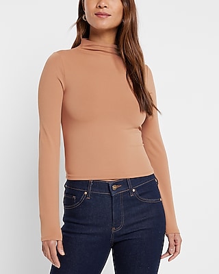 Bodycon High Compression Mock Neck Long Sleeve Tee Brown Women's L