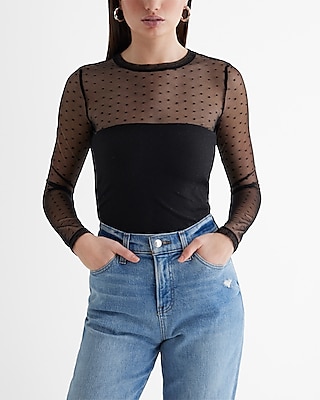 Fitted Mesh Dot Crew Neck Long Sleeve Tee Women's XS