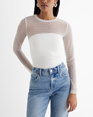 Fitted Mesh Dot Crew Neck Long Sleeve Tee White Women's XS
